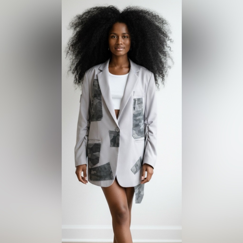 Upcycled Gray camo Patchwork zip back Blazer size… - image 1